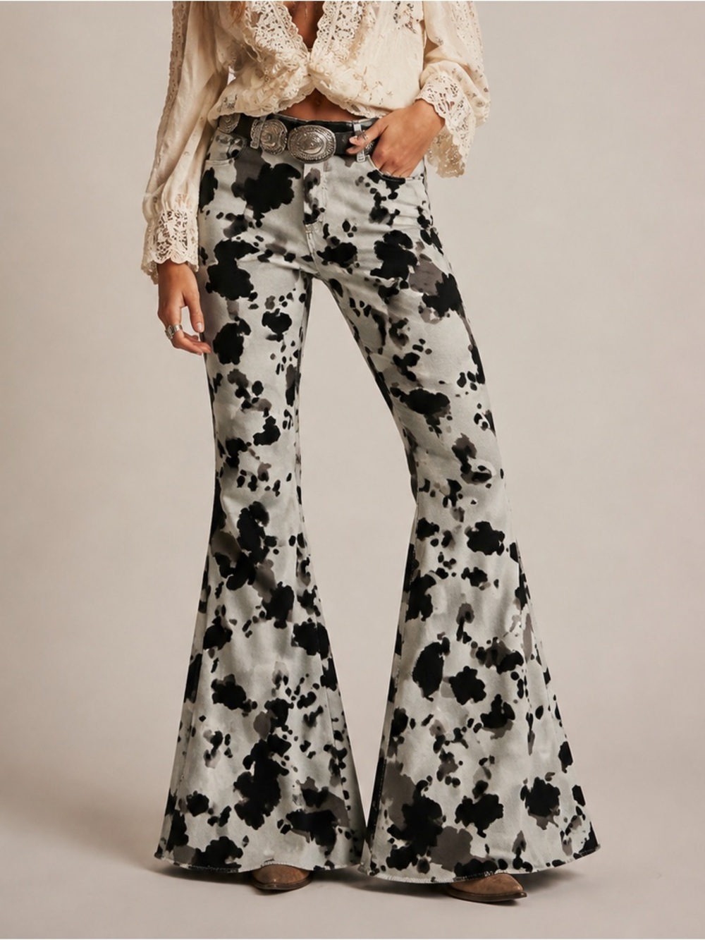 Altar’d State Cow Print Bell Bottom Flare Jeans Boho Chic Western Retro Festival